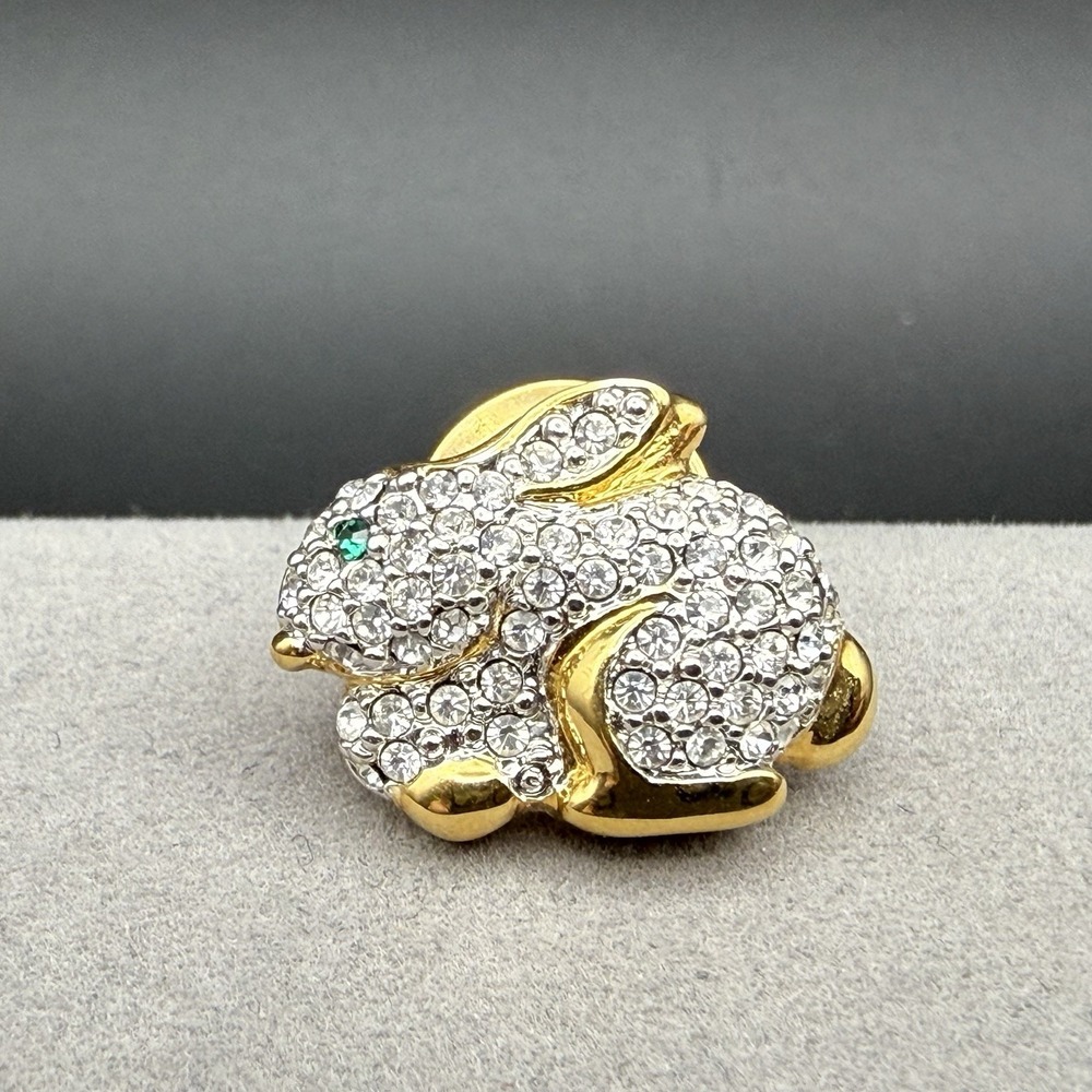 Vintage Carolee Pave Diamante Glass Rabbit Bunny Pin Brooch Green Crystal Eye